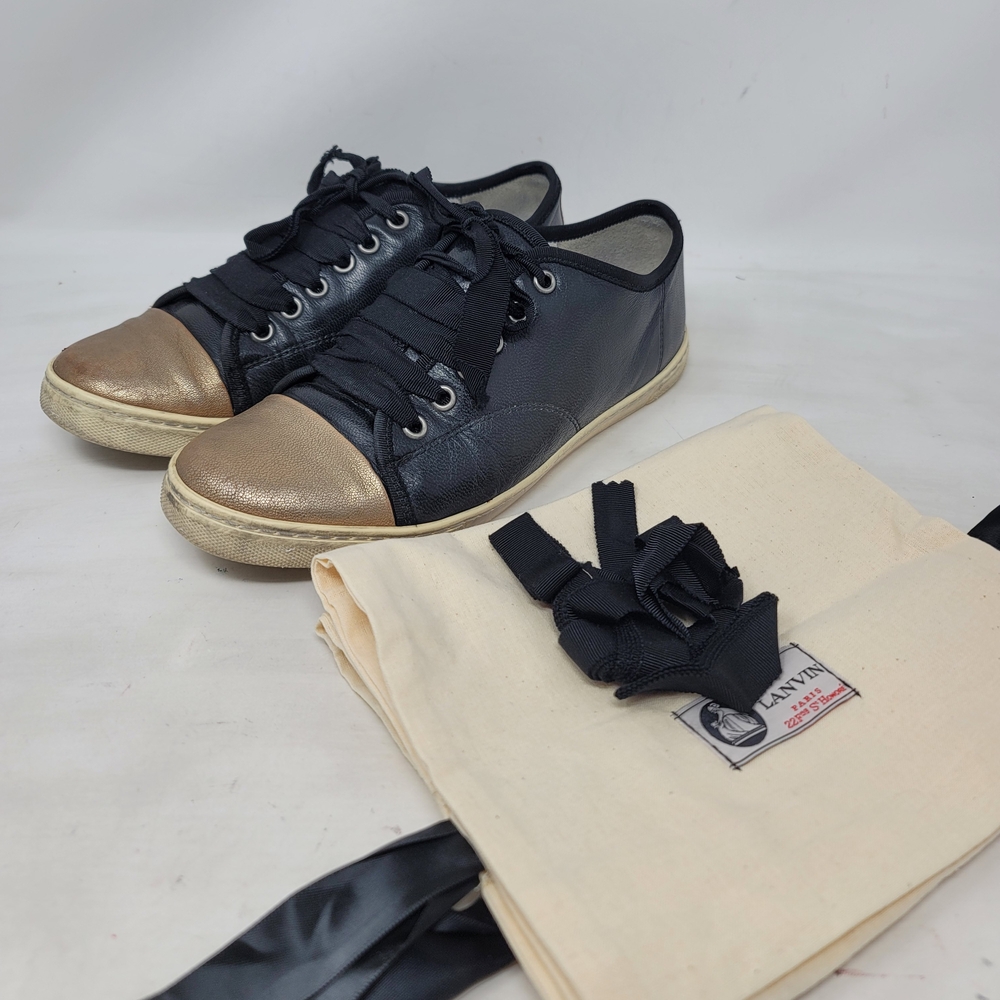 Lanvin Womens Black Gold Two Tone Cap Toe Leather Sneakers Shoes EU 37 US 6.5